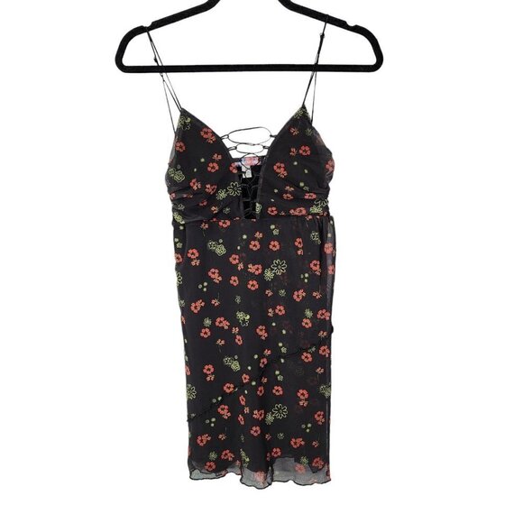 Urban Outfitters NWOT Bright Side Lace‎ Up Mini Dress Black Multi Floral Print S - Picture 3 of 16